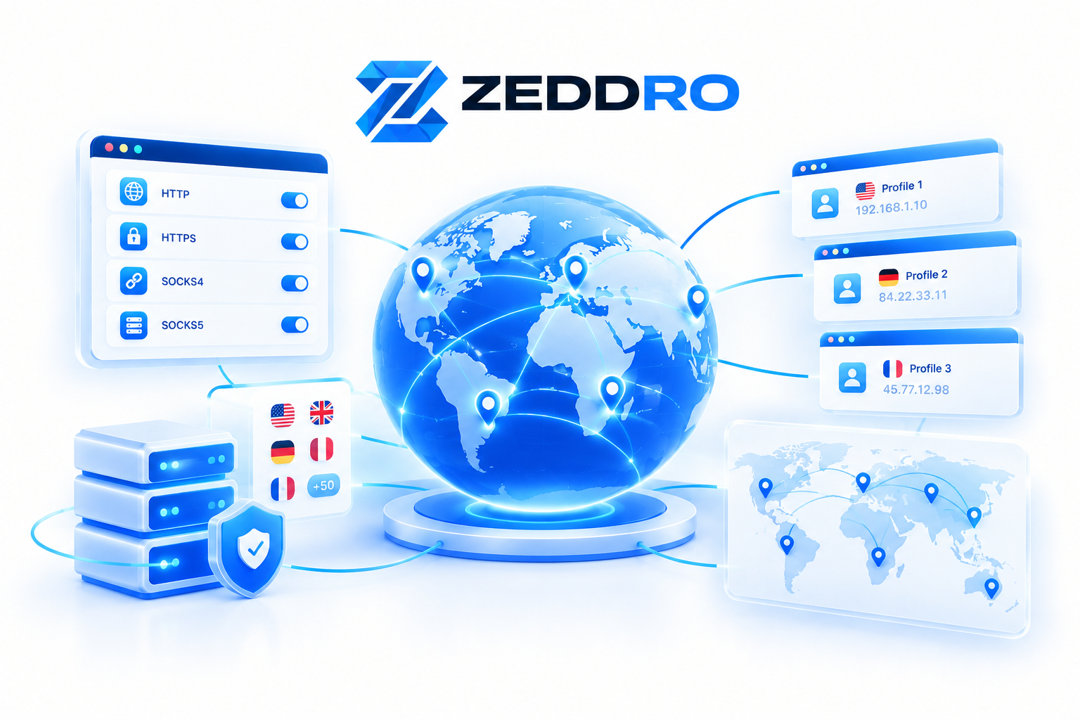 Proxy Management � HTTP, HTTPS, SOCKS4, SOCKS5 with per-profile assignment and country targeting